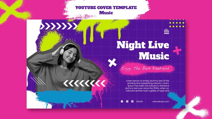 Gratis PSD youtube-omslagmal for musikkarrangement med spraymaleffekt