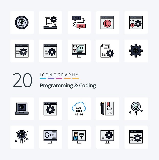 20 Programming And Coding Line Filled Color icon Pack like develop coding development search development