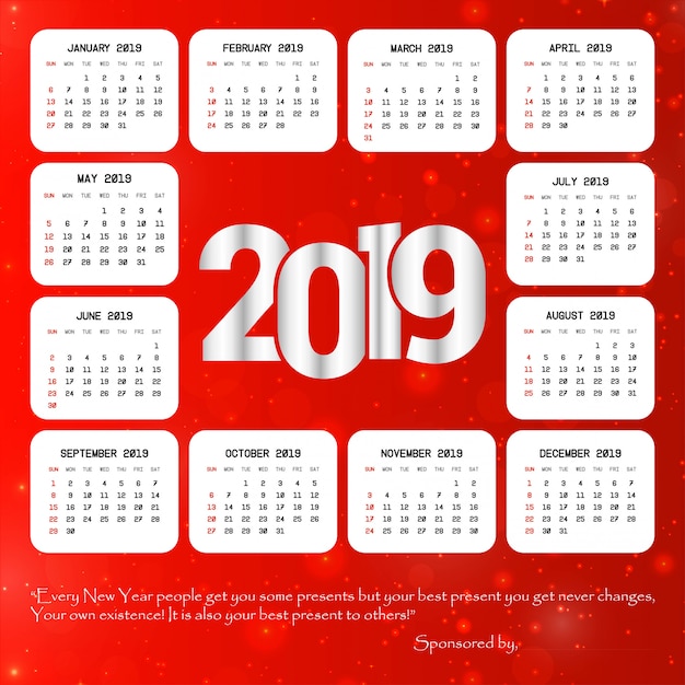 2019 kalender design med rød baggrund vektor