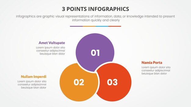 3 points or stages infographic concept with connected joined circle for slide presentation