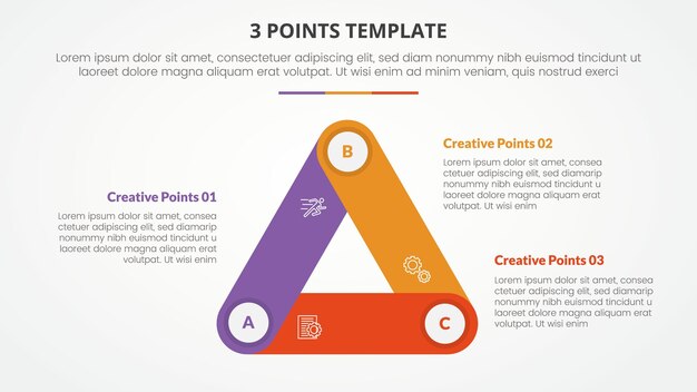 3 points stage template infographic concept for slide presentation with triangle cycle circular round rectangle shape connected with 3 point list with flat style