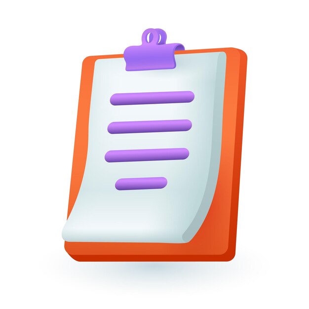 3d cartoon style clipboard with document icon. Realistic paper holder with contract or agreement flat vector illustration. Management, information, assignment concept