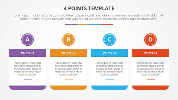 4 points stage template infographic concept for slide presentation with box table and small circle top 4 point list with flat style vector