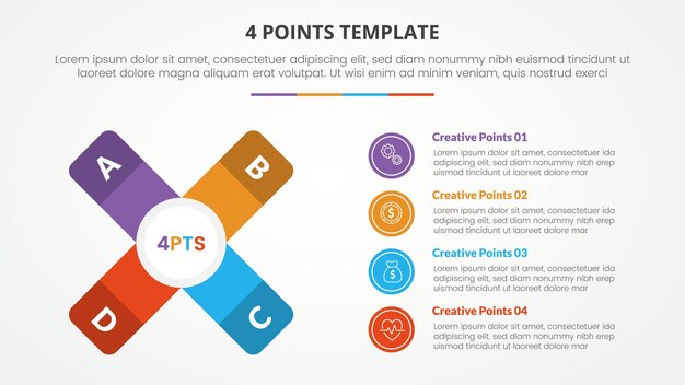 4 points stage template infographic concept for slide presentation with x shape with vertical description 4 point list with flat style vector