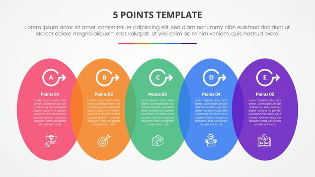 5 points stage template infographic concept for slide presentation with vertical round shape horizontal with 5 point list with flat style