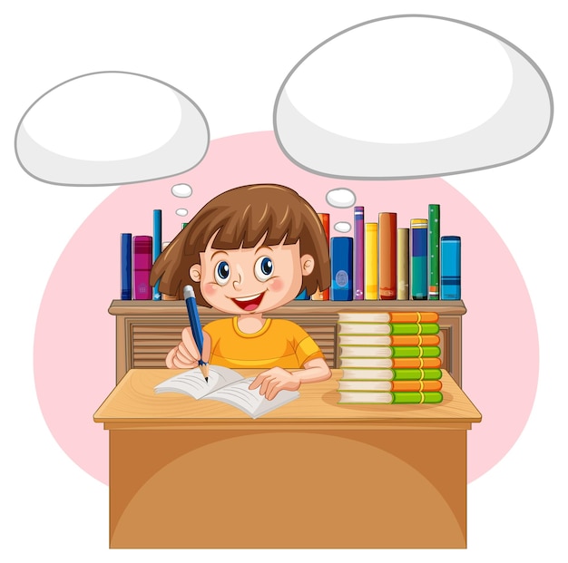 a kid doing homework with speech bubble in the library