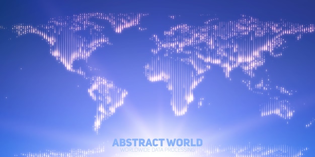 Abstract vector world map constructed of glowing points. Continents with a flare in the bottom. Digital map abstraction in light blue colors. Digital continents. Global information network.