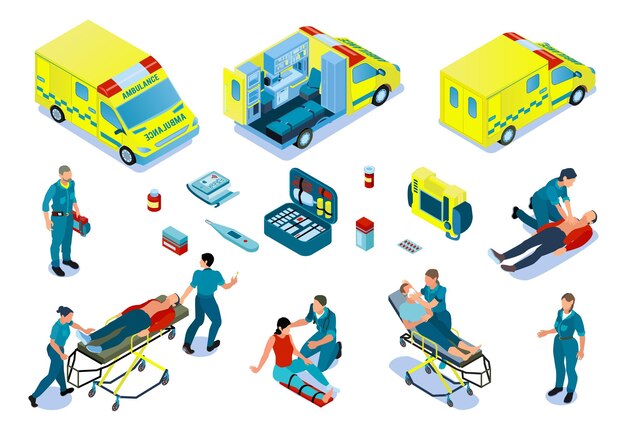 ambulance car isometric set with paramedics providing first aid victim persons after accidents or assisting sick vector illustration
