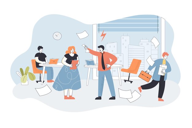 Angry boss shouting at workers in office. Flat illustration