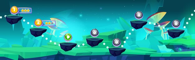 Arcade game progress map on fantasy forest background Vector cartoon illustration of floating stone platforms with golden stars and lock icons giant mushrooms on green land stars in night sky