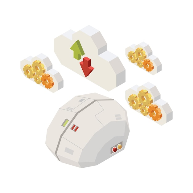artificial intelligence isometric concept with electronic brain and cloud data storage 3d