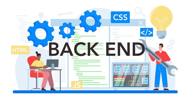 Back end typographic header Software development process Website interface design improvement Programming and coding IT profession Isolated flat vector illustration