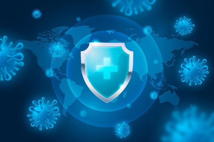 Gratis Vektor baggrund med beskyttelsesskjold mod coronavirus