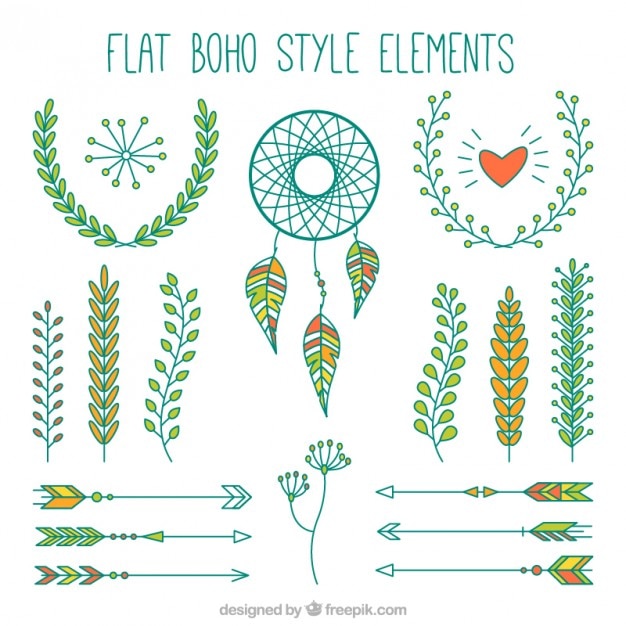 boho elements and leaves in flat design