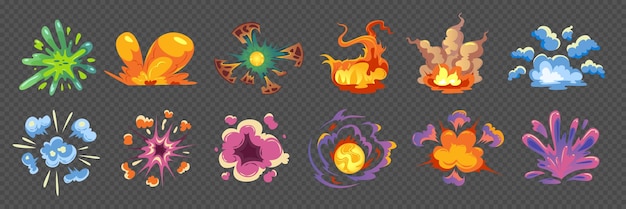Bomb explosion effect with clouds and fire of different color and size cartoon set isolated on transparent background vector illustration