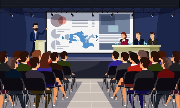 Business conference illustration with speaker on stage and audience cartoon characters Scientific presentation academic symposium professional briefing