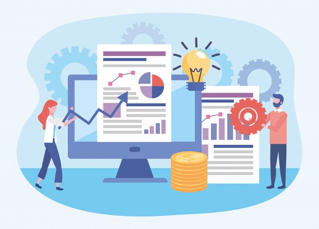 business woman and business man with diagram and statistics bar documents