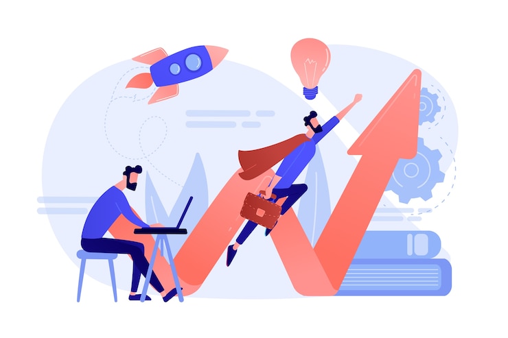 Gratis Vektor businessman working and flying like superhero with briefcase. start up launch, start up venture and entrepreneurship concept on white background.