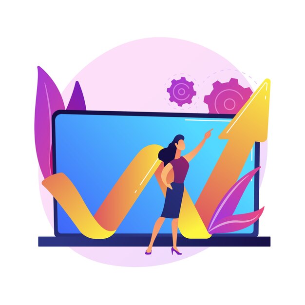 Businesswoman leadership and growth concept, with laptop and arrow illustration