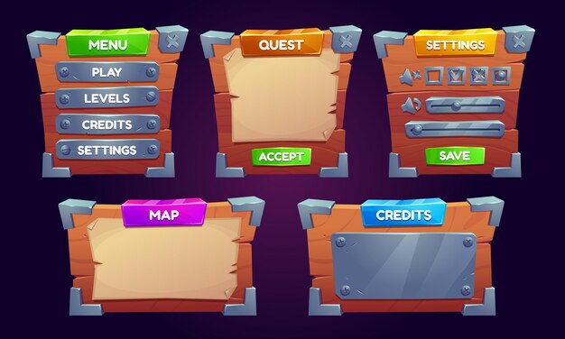 cartoon set of wood and paper game ui boards