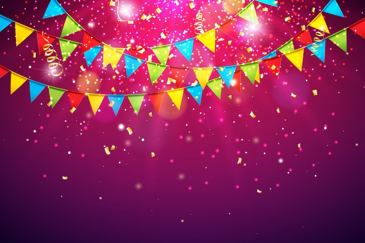Gratis Vektor celebration background with colorful party flag and falling confetti