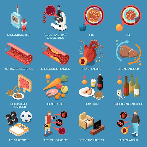 Cholesterol isometric icons set with hdl and ldl fats isolated vector illustration