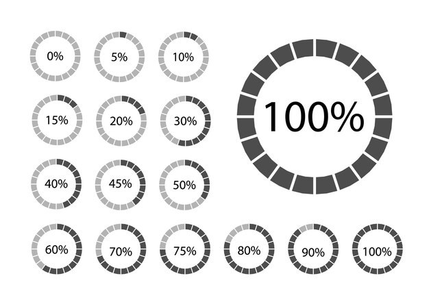 Circle percentage diagrams set for infographics. Black thin outline graphics isolated on a white background. Circle divided by percentages of 5.