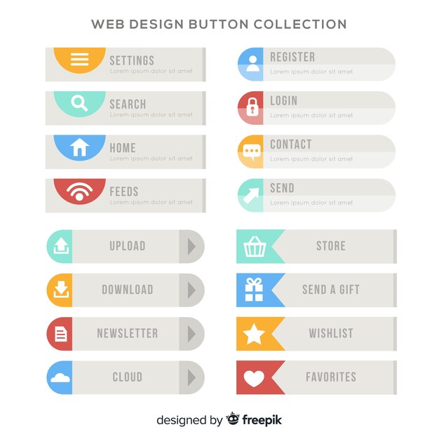 colorful web design button collection with flat design