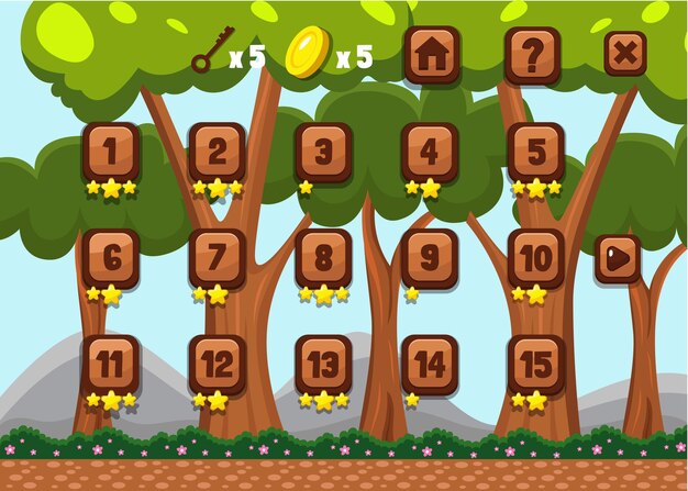 Complete set of level button game pop-up, icon, window and elements for creating medieval RPG video games