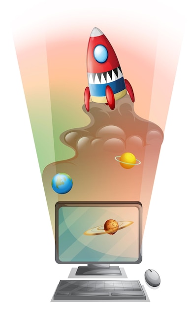 computer screen with rocket ship in space