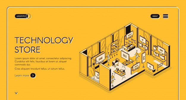 Computer store isometric landing page. Empty mall