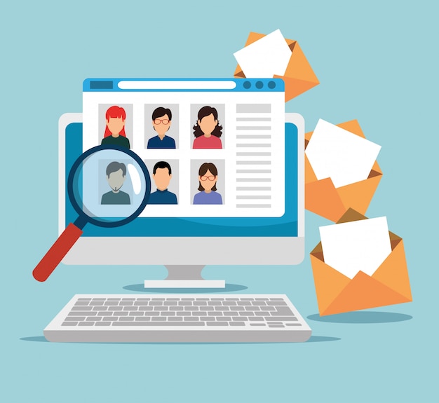 computer website technology with messages and magnifying glass