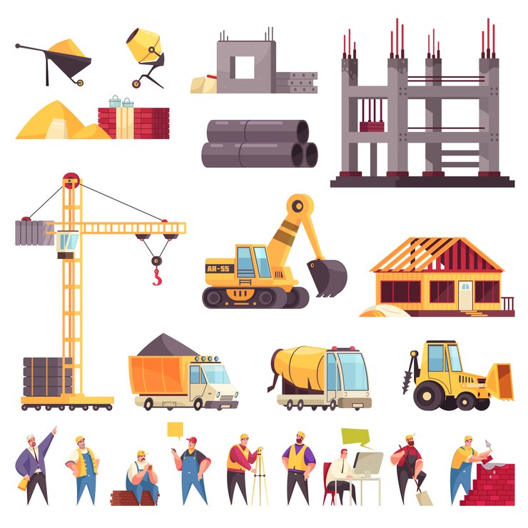 Gratis Vektor construction flat set with unfinished building pipes crane bulldozer workers concrete mixer excavator isolated icons  illustration