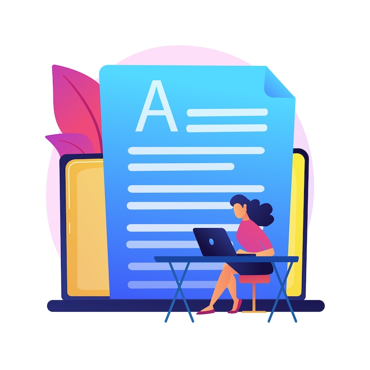 Gratis Vektor copywriting. social media post, content marketing, internet commercial. cartoon character writing text for advertising . promotional strategy.  