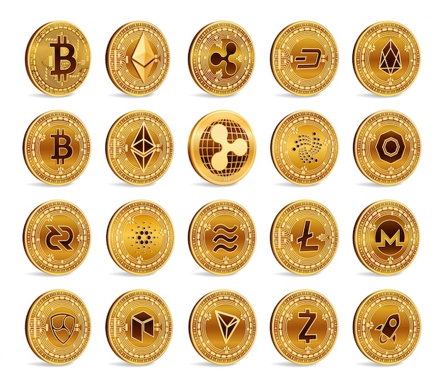 Cryptocurrency 3D gyllene mynt set. Bitcoin, Ripple, Ethereum, Litecoin, Monero och andra.