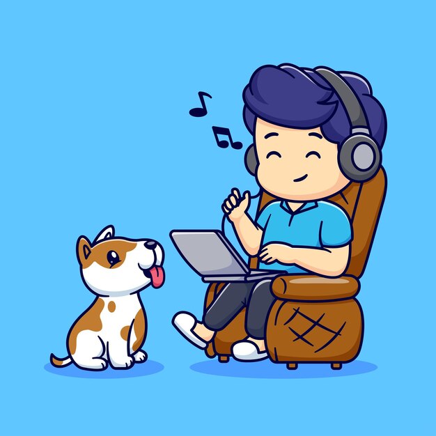 Cute Man Working On Laptop And Listening Music With Dog Cartoon Vector Icon Illustration People
