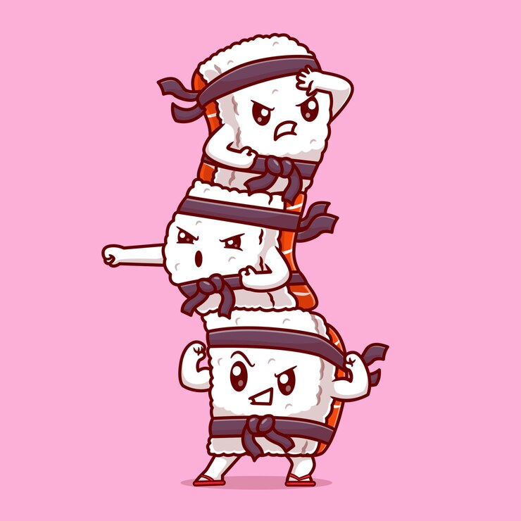 Gratis Vektor cute sushi ninja fighter cartoon vector icon illustration holiday food icon isolated flat vector
