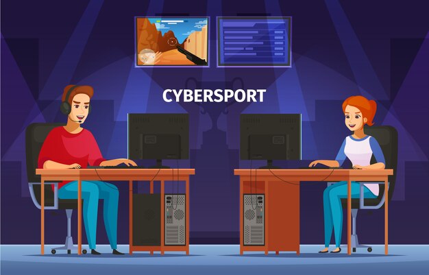 Cybersport games playing characters composition with girl and teenager wearing headset