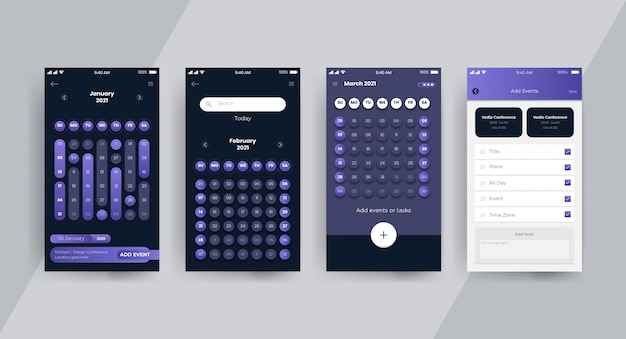 Dark calendar app ui ux concept page
