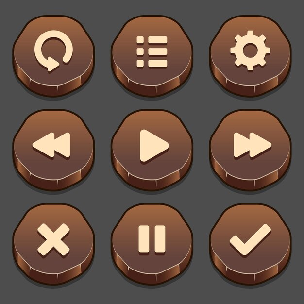 Dark set of game stone button elements and progress-bar, bright and different forms of buttons for games and app.