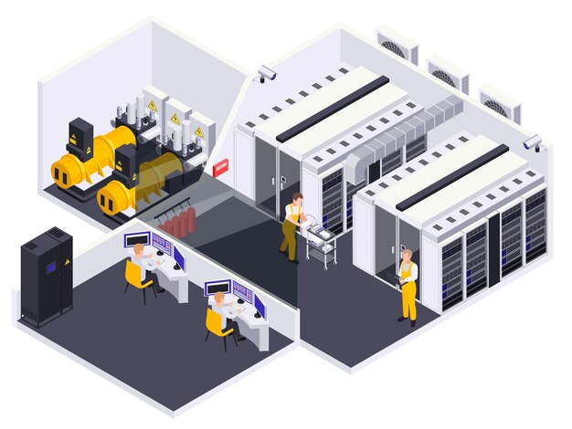 data center facility interior isometric view illustration