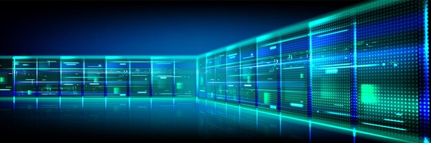 Data center room tunnel with neon light glow