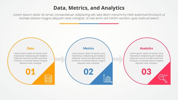 Data metrics and analytics infographic concept for slide presentation with big circle outline and arrow triangle badge with 3 point list with flat style