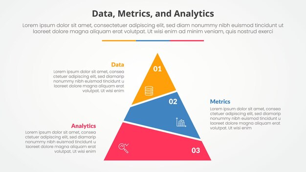 Data metrics and analytics infographic concept for slide presentation with slice pyramid unbalance with 3 point list with flat style