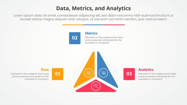 Data metrics and analytics infographic concept for slide presentation with triangle cycle circular slice on center with 3 point list with flat style