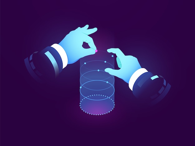 Data science and insights, man hand control, experiment visualization, dataflow graph, manipulation 