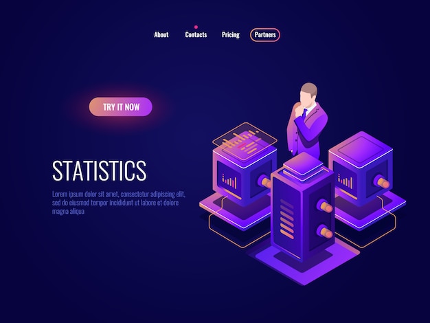 Data science, big data behandling isometrisk ikon, database datacenter koncept, program information