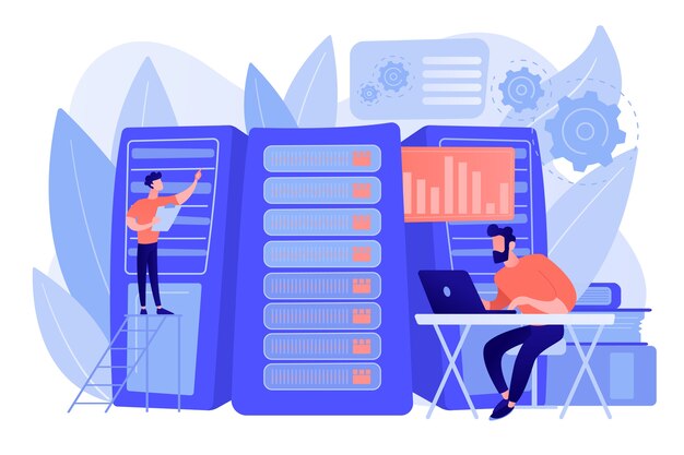 Data scientist, data analytics manager, database udvikler og administrator arbejder. Big data job, databaseudviklere, karrierer inden for big data koncept