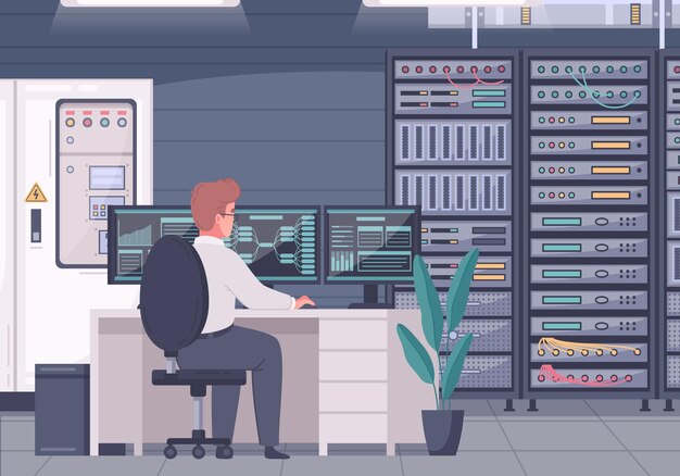 Datacenter cartoon composition with indoor view of data analysts working place with desktop computer and servers illustration