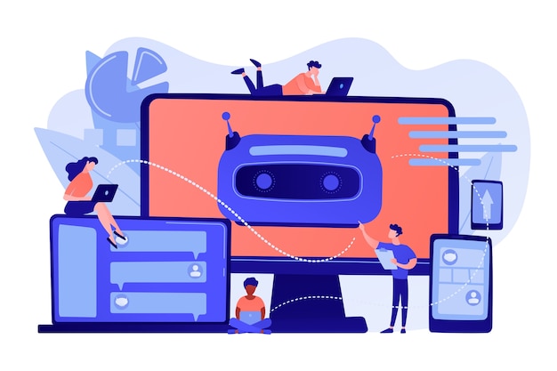 Developers building, testing and deploying chatbots on platforms. Chatbot platform, virtual assistant development, cross-platform chatbot concept